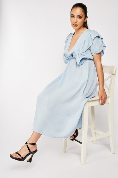 Low Plunge Ruffle Wrap Dress