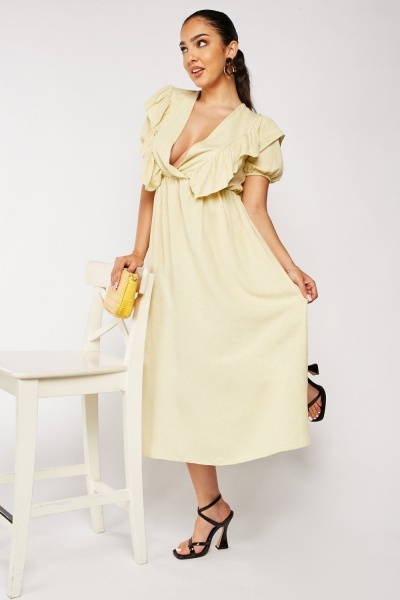 Low Plunge Ruffle Wrap Dress