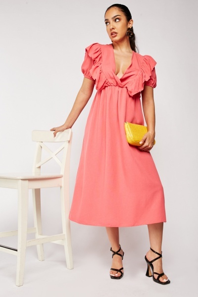 Low Plunge Ruffle Wrap Dress