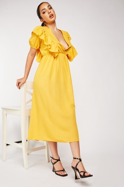 Low Plunge Ruffle Wrap Dress