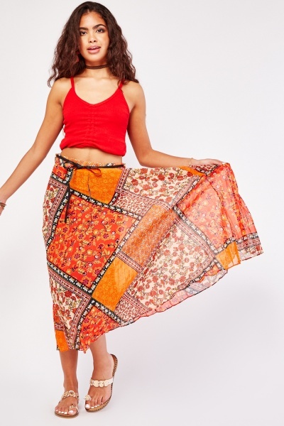 Mix Print Pleated Maxi Skirt