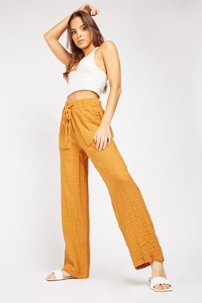 Wide Leg Crinkled Trousers