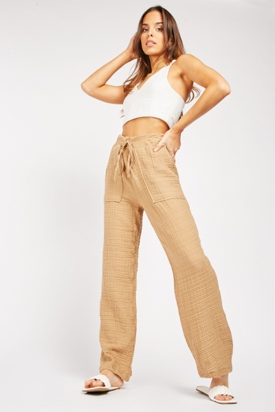 Wide Leg Crinkled Trousers