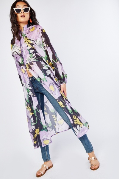 Printed Slit Front Chiffon Top