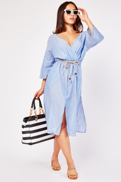 Rope Belted Striped Slit Dress