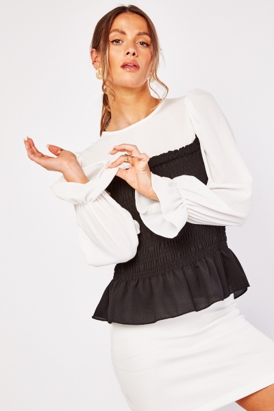 Contrasted Bell Sleeve Shirred Blouse