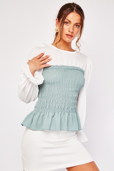 Contrasted Bell Sleeve Shirred Blouse