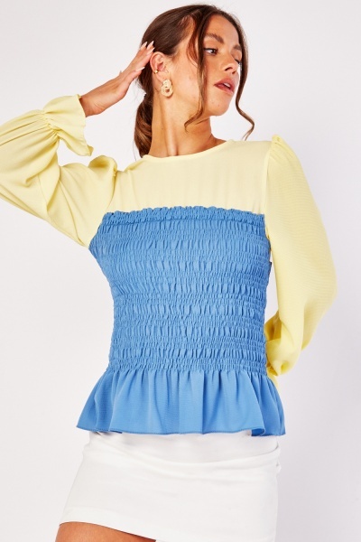 Contrasted Bell Sleeve Shirred Blouse