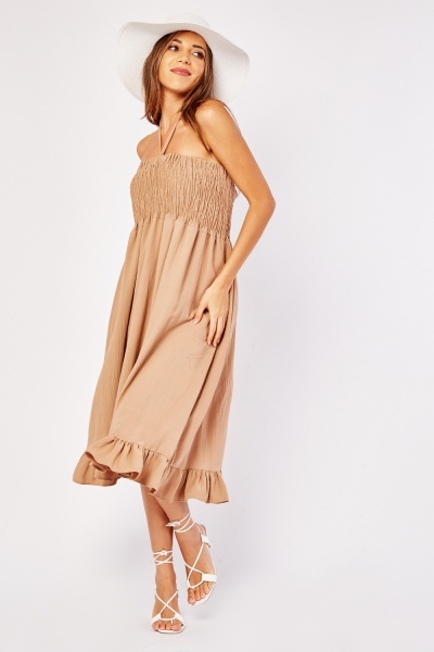 Shirred Neck Tie Up Midi Dress