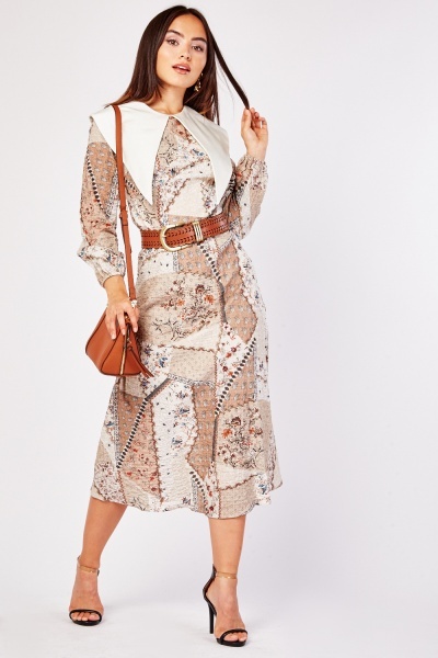 Statement Collar Mix Print Midi Dress