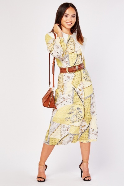 Statement Collar Mix Print Midi Dress