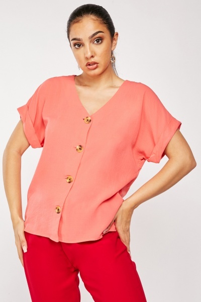 Button Front Short Sleeve Blouse