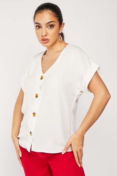 Button Front Short Sleeve Blouse