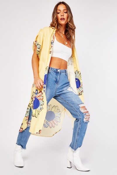 Floral Adjustable Sleeve Long Line Shirt