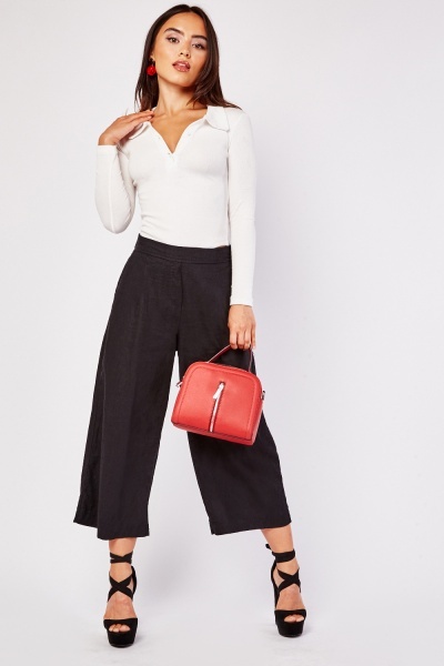 Textured Wide Leg Cropped Trousers