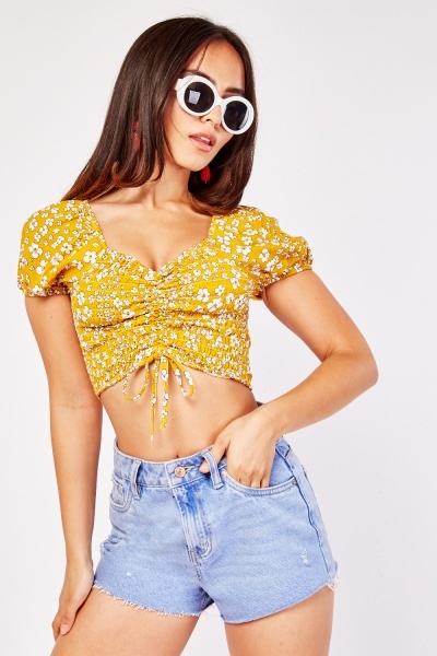 Floral Ruched Short Sleeve Crop Top