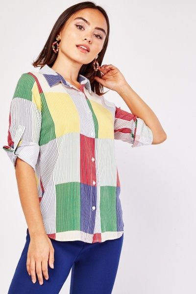 Striped Colour Block Adjustable Sleeve Shirt