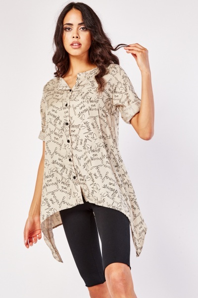 Lettering Print Asymmetric Blouse