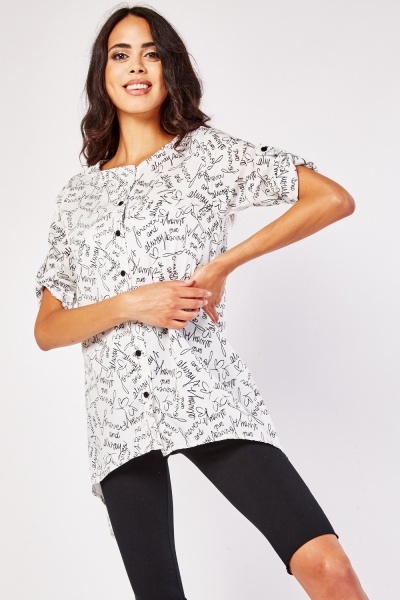 Lettering Print Asymmetric Blouse