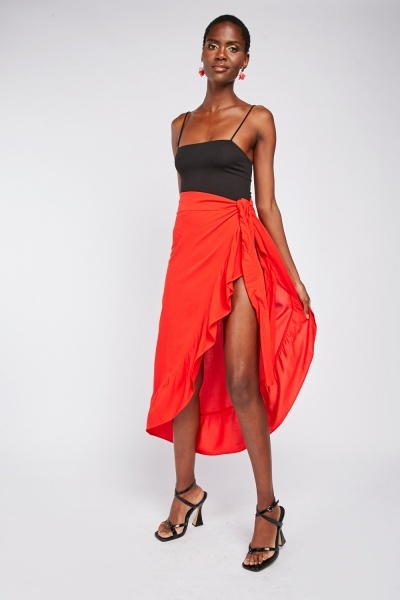 Ruffle Slit Midi Skirt