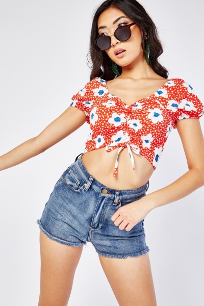 Tie Up Ruched Floral Crop Top