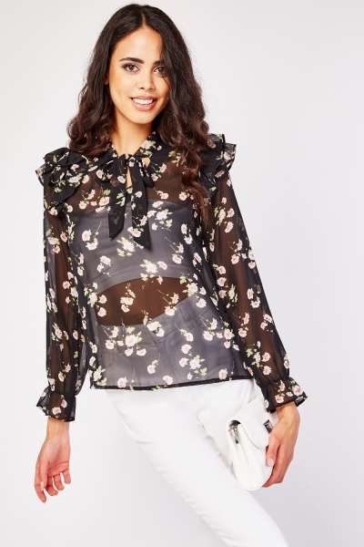 Ruffle Floral Chiffon Blouse