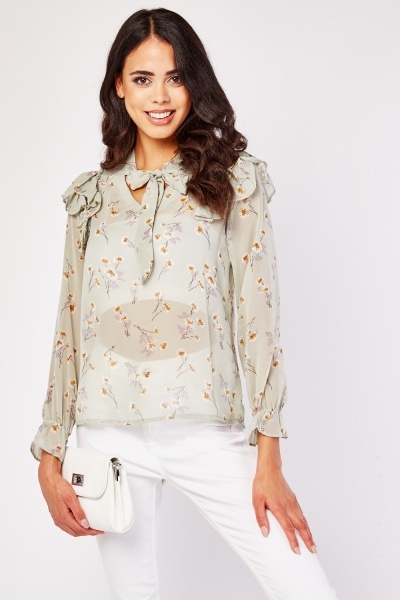 Ruffle Floral Chiffon Blouse