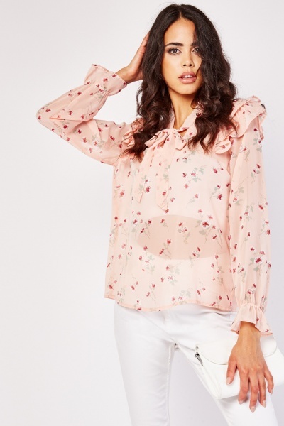 Ruffle Floral Chiffon Blouse