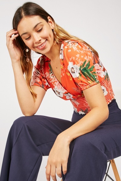 Shirred Waist Floral Print Top