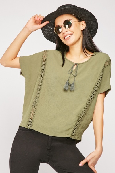 Tie Up Tassel Neck Blouse