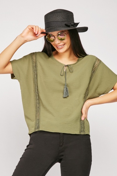 Tie Up Tassel Neck Blouse