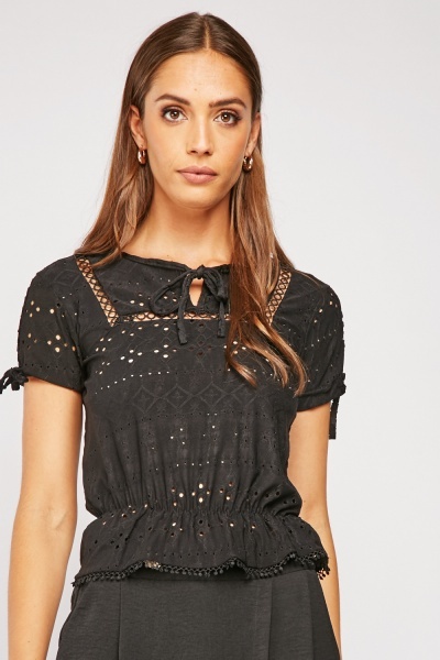 Tie Up Neck Front Openwork Top