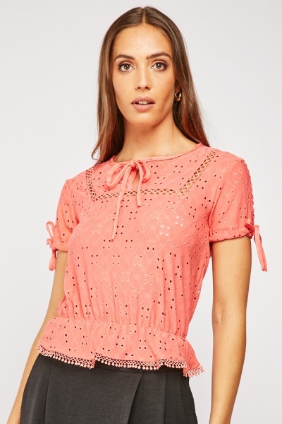 Tie Up Neck Front Openwork Top