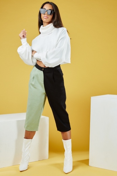 Two Colours Contrasted Cropped Trousers
