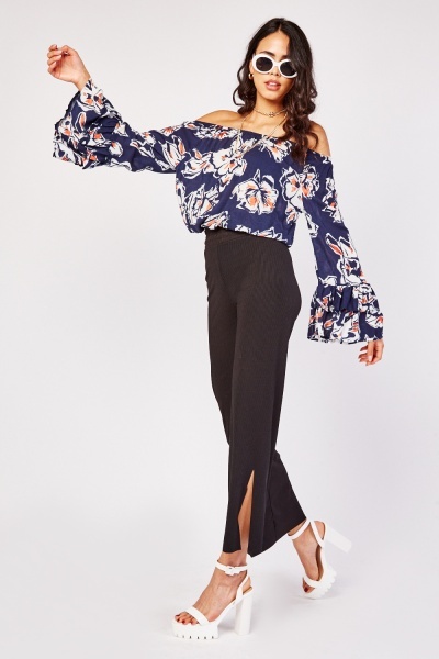 Off Shoulder Floral Flared Sleeve Top