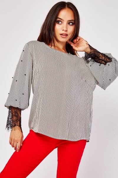 Embellished Lace Sleeve Striped Top