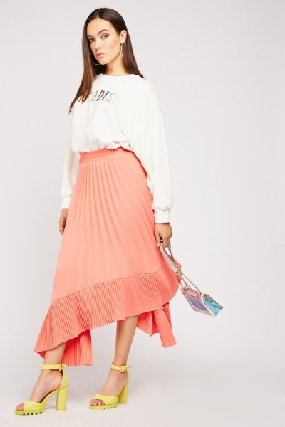 Pleated Asymmetric Midi Skirt