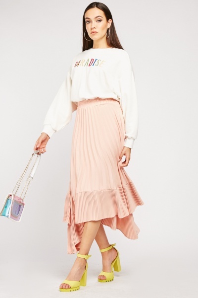 Pleated Asymmetric Midi Skirt