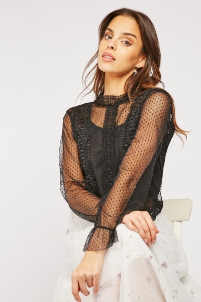 Lace Trim Mesh Overlay Top