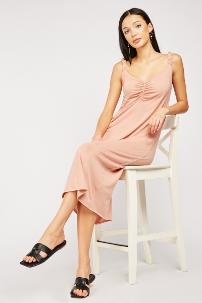 Ruched Strap Midi Jersey Dress