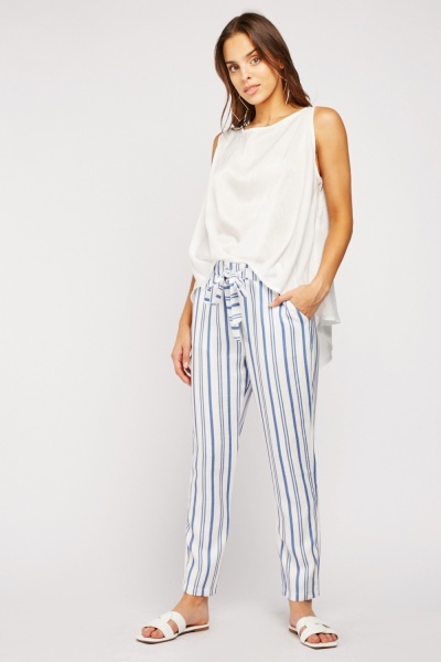 Tapered Belted Striped Trousers