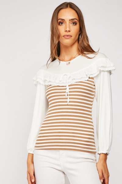 Tie Up Frilly Trim Striped Top