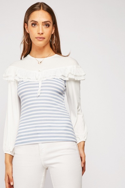 Tie Up Frilly Trim Striped Top