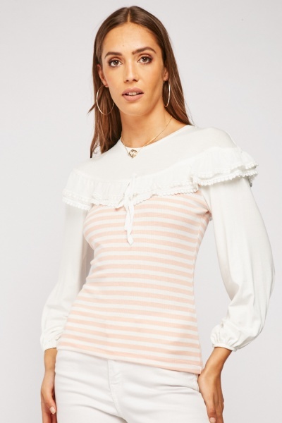 Tie Up Frilly Trim Striped Top