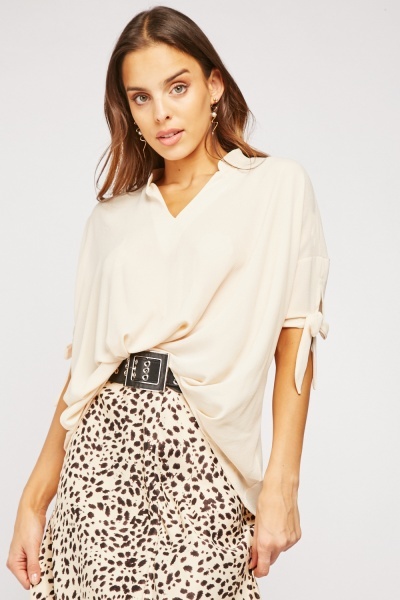 Tie Up Sleeve Dip Hem Blouse