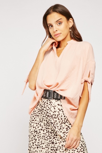 Tie Up Sleeve Dip Hem Blouse