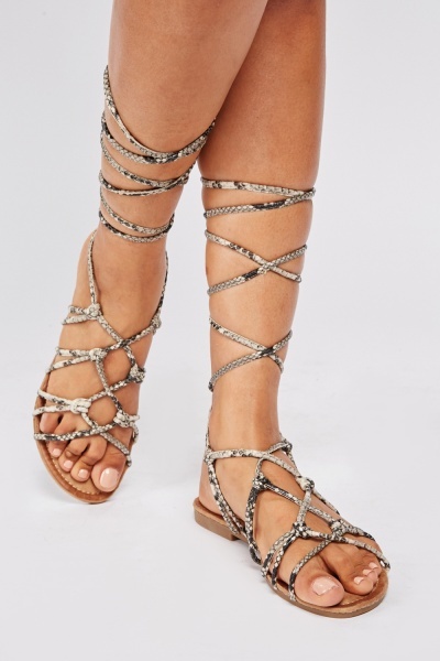 Tie Up Snake Print Flat Sandals