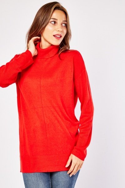 Roll Neck Long Line Knit Top