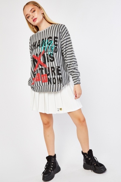 Striped Graphic Print Oversized Sweater