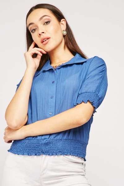 Pinstriped Gathered Hem Short Sleeve Blouse